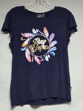 Girls' Navy Short Sleeve Western Tee with Colorful Feather Wreath